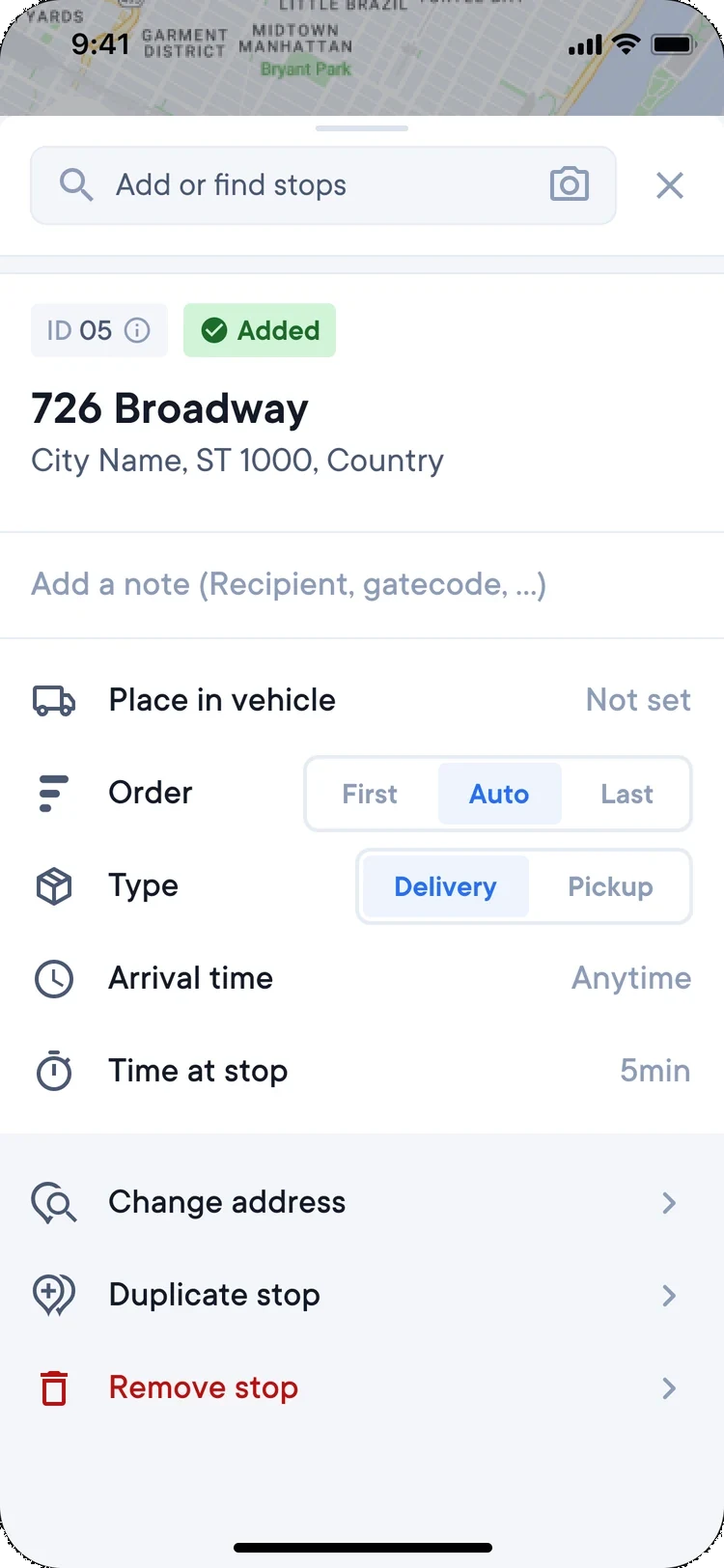 The redesigned edit stop view: the details in a compact list, with change address, duplicate stop and remove stop as list actions.