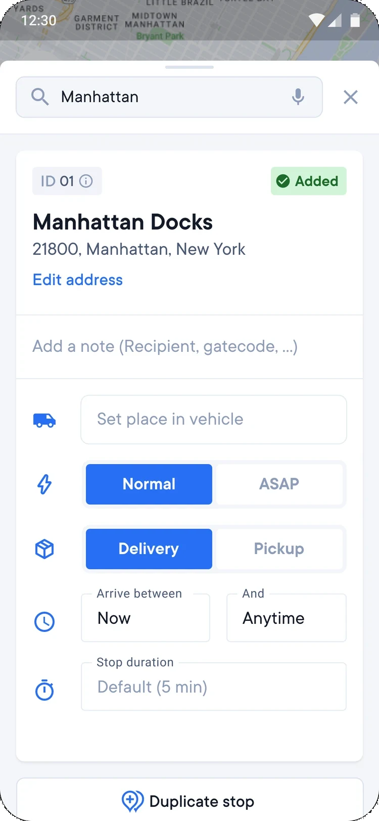 The old edit stop view on Android, with separate input fields.
