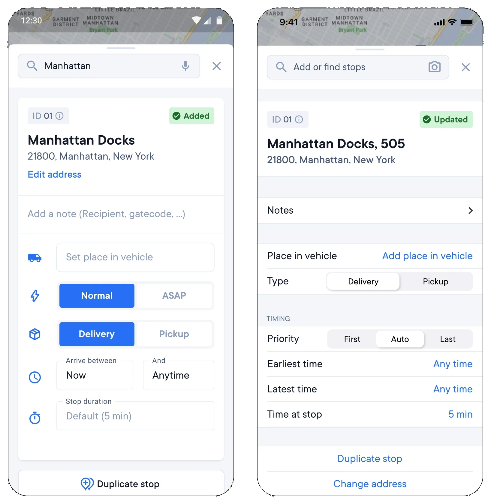The old edit stop view on Android and on iOS side by side: a search field, the stop name and address, and separate fields for place in vehicle, priority, type, time window and stop duration. The two platforms differ from each other.