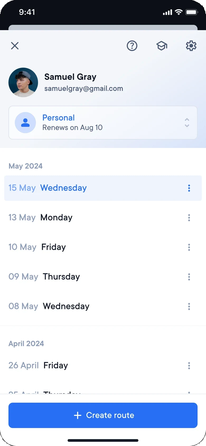 The redesigned menu: a compact header, a longer list of days grouped by month, and a fixed Create route button at the bottom.