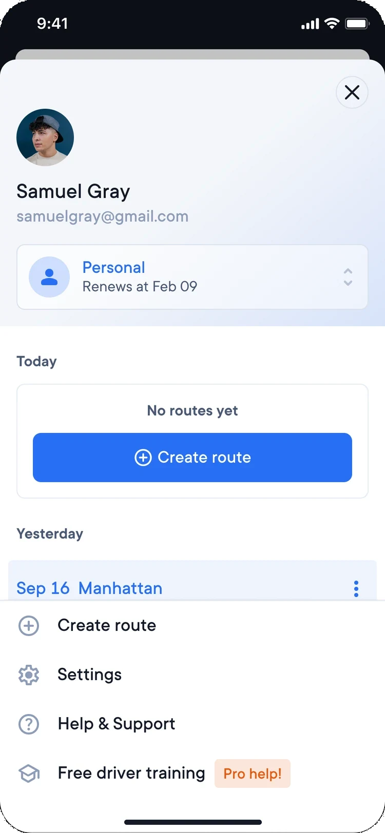The old menu: a tall header with the driver profile, a Today card with a Create route button, a Yesterday list, and a footer with another Create route, Settings, Help and Support, and Free driver training.