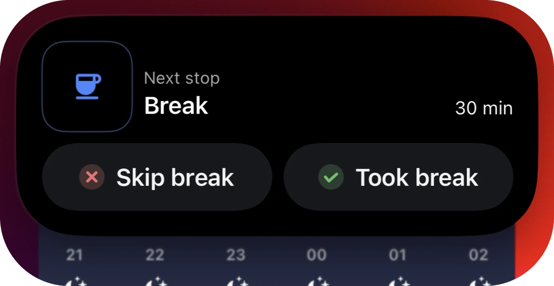 Dynamic Island expanded for a break: Skip break and Took break buttons.