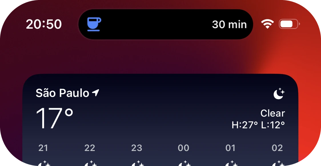 Dynamic Island minimized for a break: coffee icon and 30 min.