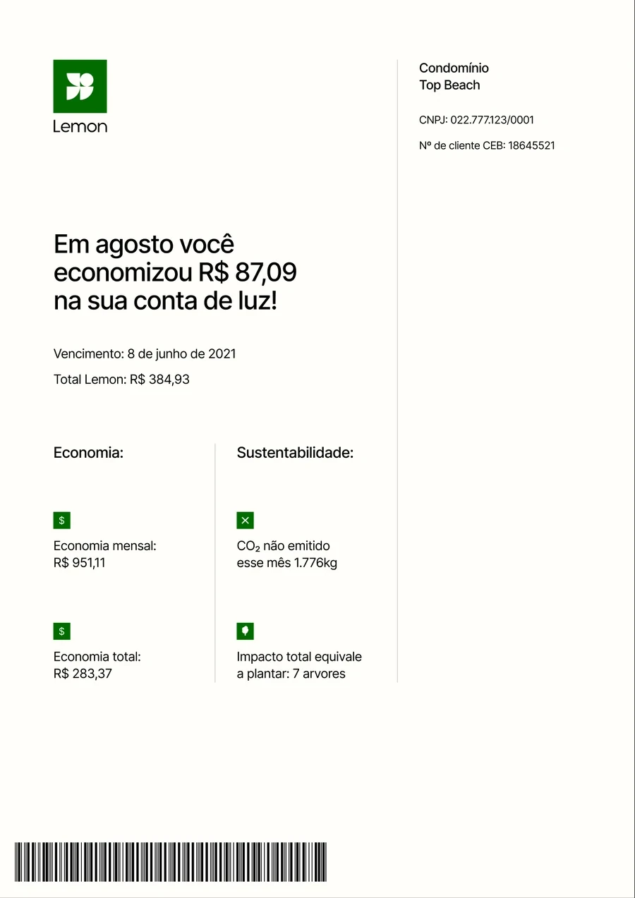 The old Lemon bill: the first page of a paper-style PDF, with how much the customer saved, the due date, and economy and sustainability numbers.